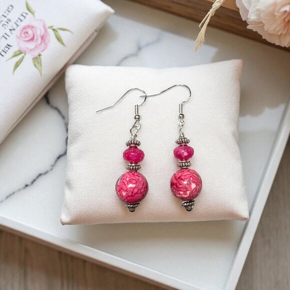 Rain Flower Jade & Faceted Pink Jade Earrings 925 Sterling Silver Ear Wires - Picture 1 of 11